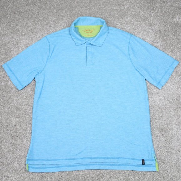 Orvis Trout Bum Polo Shirt Mens Large Blue Polyester/Cotton S/S Pullover - Picture 1 of 13